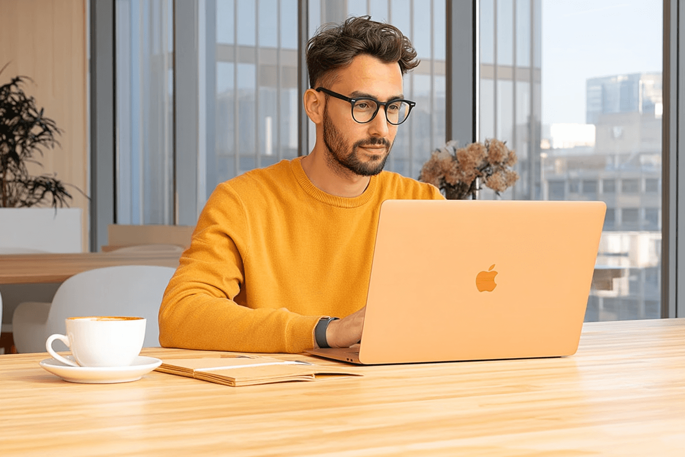 Angestellter während der Arbeit am Laptop