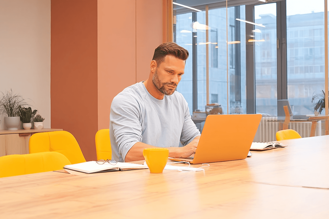 Angestellter während der Arbeit am Laptop